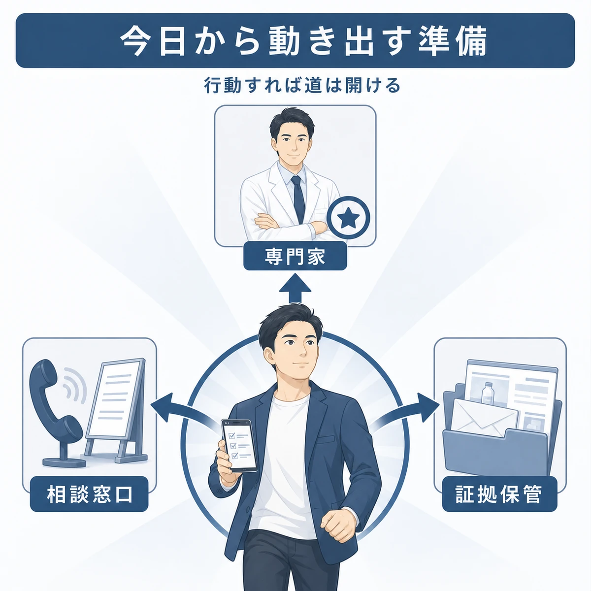 相談窓口と証拠保管と専門家相談へ動き出す今日からの準備を表した図解イラスト