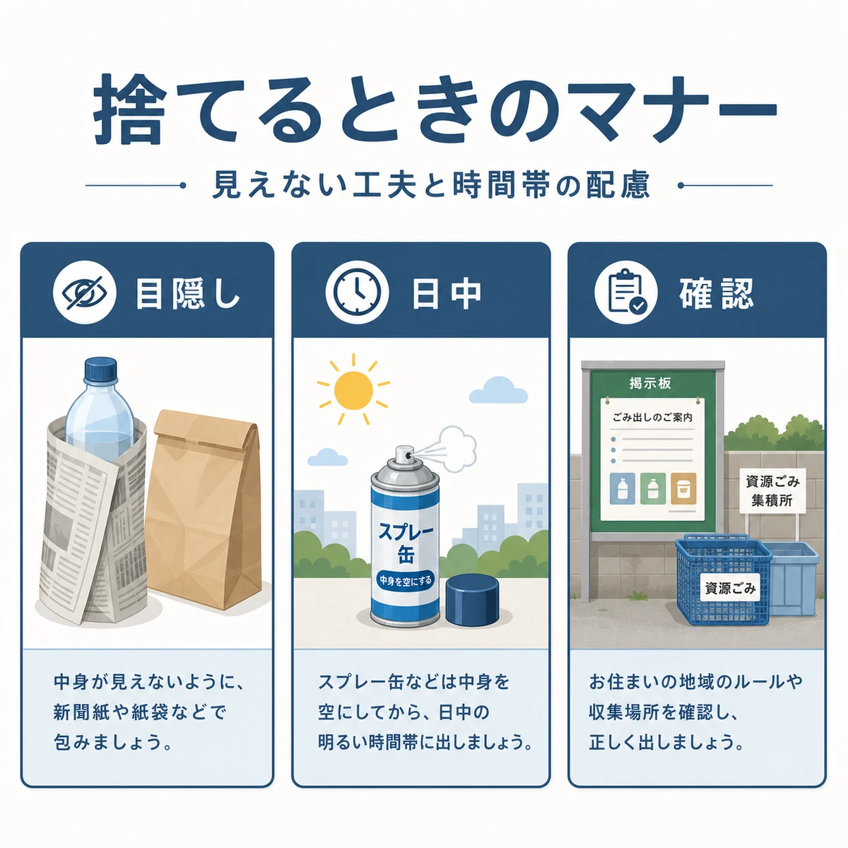 育毛剤を捨てる際の目隠し・時間帯の配慮・集積所ルール確認という3つのマナーを並べて表した医療系イラスト