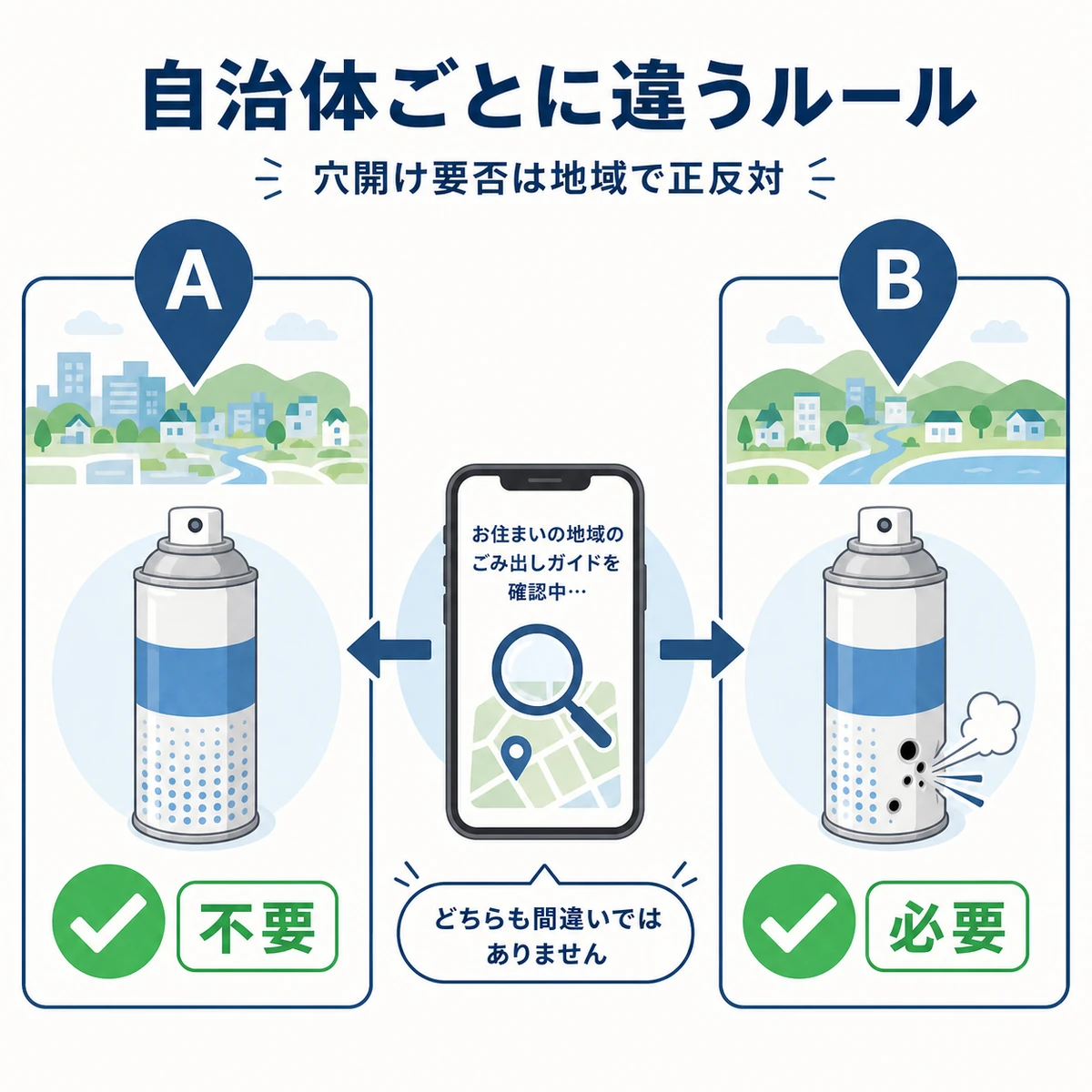 スプレー缶の穴開け要否が自治体によって正反対になる地域差を左右で対比した医療系イラスト