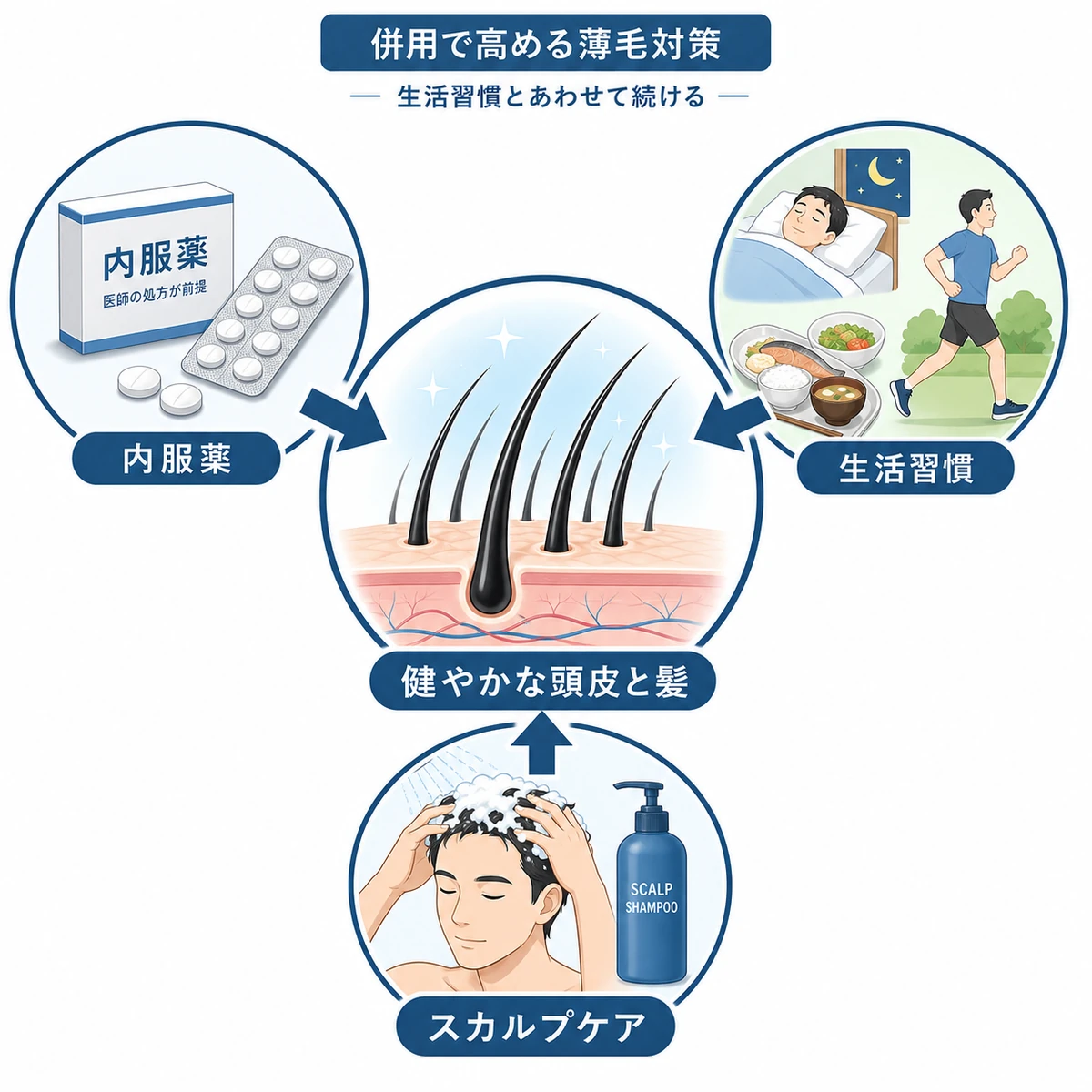 内服薬と生活習慣とスカルプケアの併用で薄毛対策の効果を高めるしくみを表した医療イラスト
