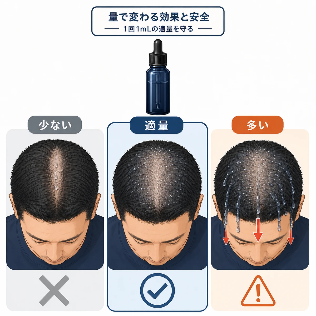 育毛剤の量が少ない・適量・多い場合の頭皮への広がりを3つ並べて比べた医療イラスト