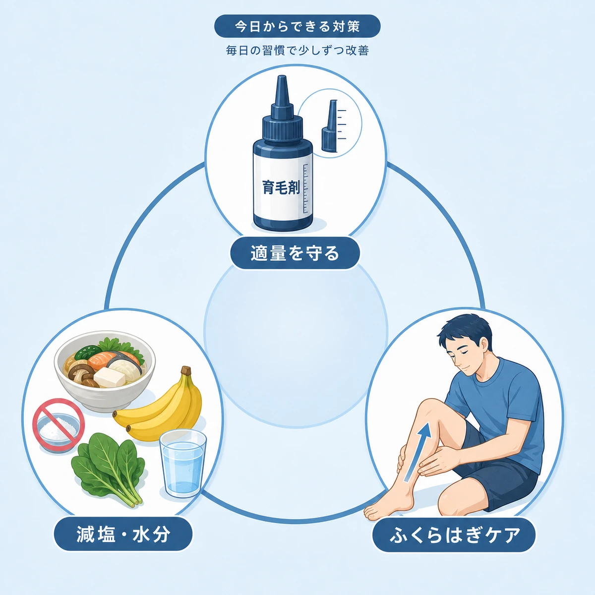適量を守る使い方と減塩やふくらはぎケアでむくみを軽減する対策を表した医療イラスト