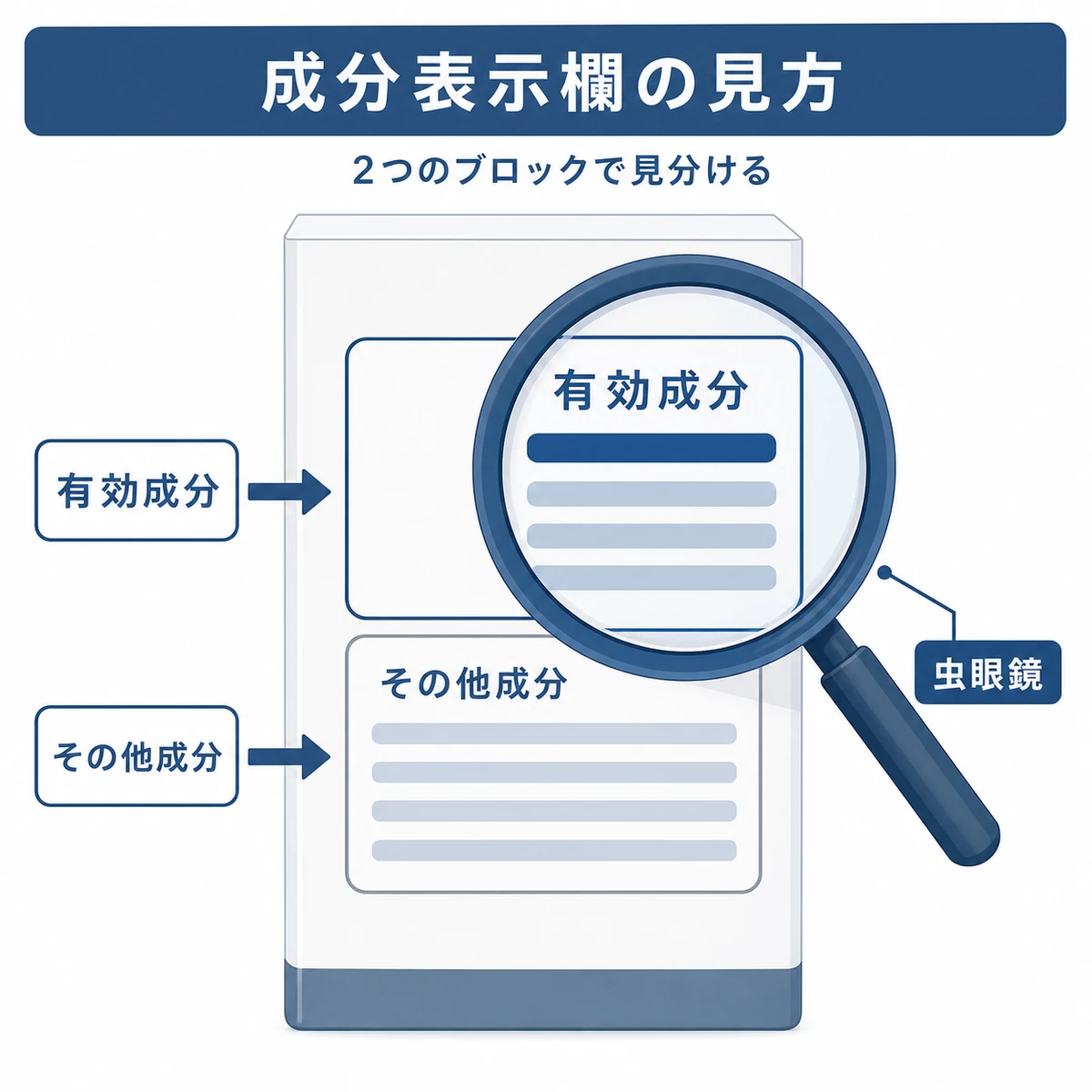 育毛剤パッケージの成分表示欄を虫眼鏡で読み、有効成分とその他の成分を見分ける様子を表した医療イラスト