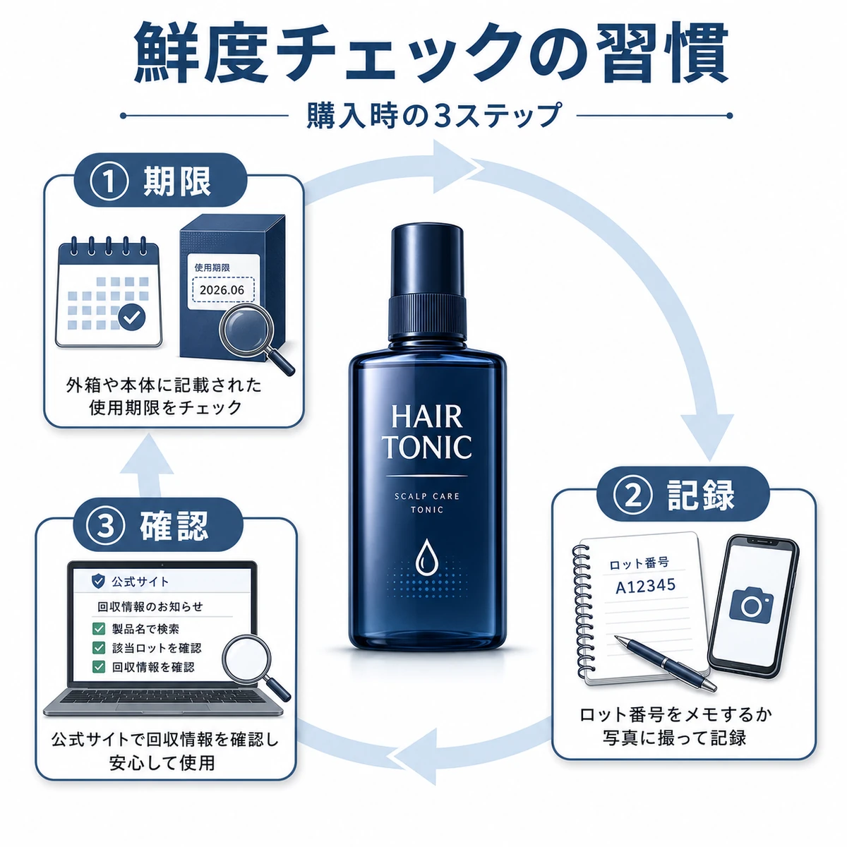 育毛剤を買ったときに行う使用期限とロット番号とリコール確認の3つの習慣を示した医療イラスト