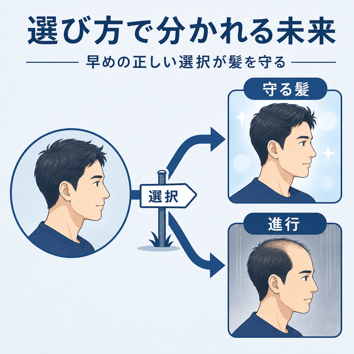 育毛剤の選び方で将来の毛量が変わることを表した30代男性向けの医療イラスト