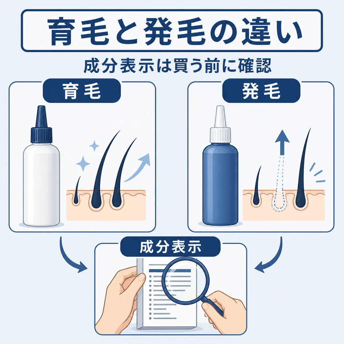 育毛剤と発毛剤の分類の違いと成分表示の確認を表した医療イラスト