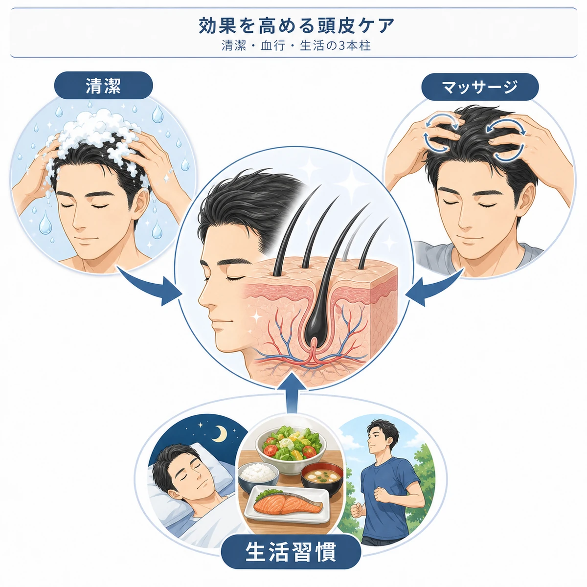 清潔な頭皮とマッサージと生活習慣で育毛剤の効果を高める頭皮ケアを表した医療イラスト