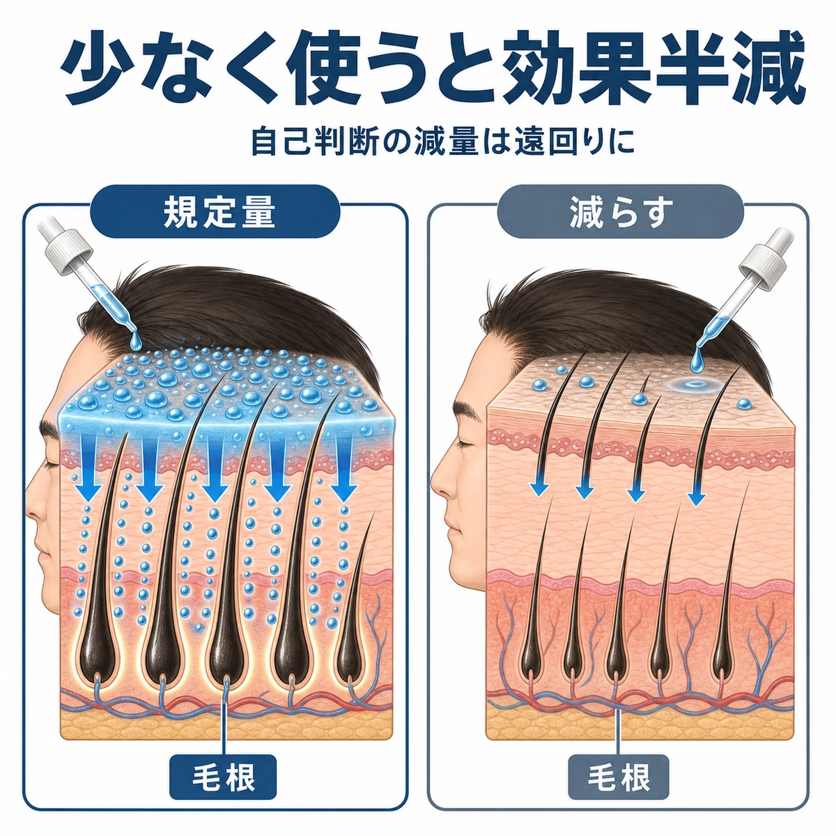 規定量と減量時で毛根に届く有効成分の差を左右で対比した育毛剤の医療イラスト