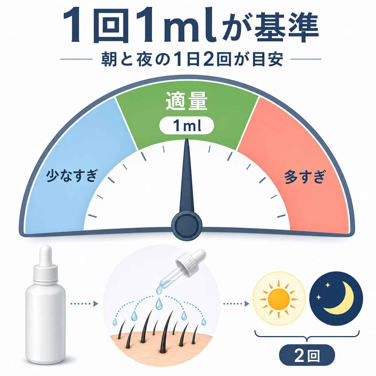 使用量メーターの針が適量ゾーンを指し朝夜2回の塗布量を示した育毛剤の医療イラスト