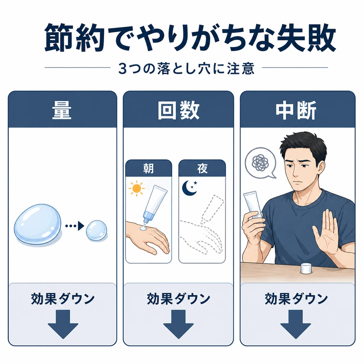 量を減らす回数を減らす途中でやめるの3つの失敗が効果を下げる様子を並べた育毛剤の医療イラスト