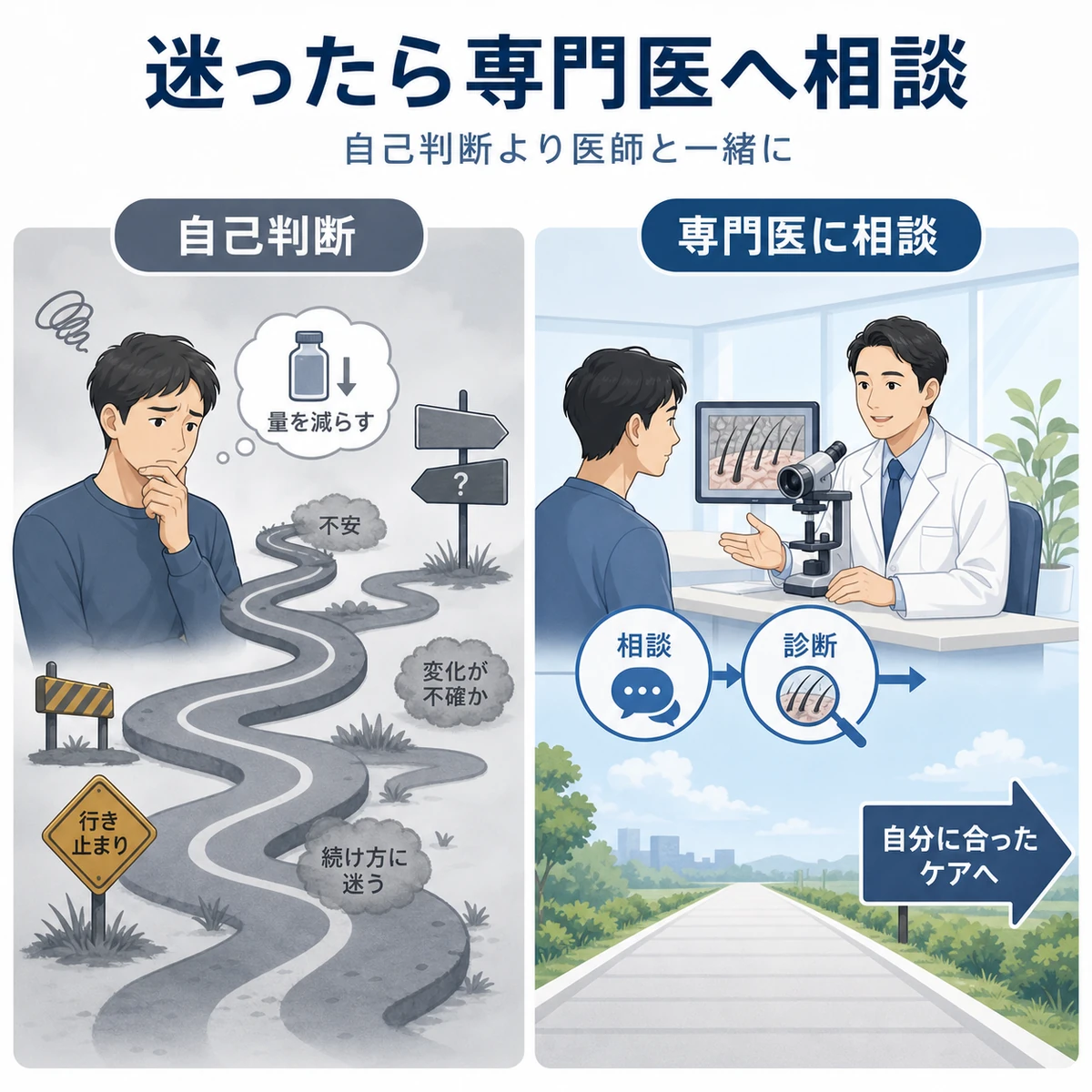 自己判断で悩む道と専門医に相談して進む道を左右で対比した薄毛治療の医療イラスト
