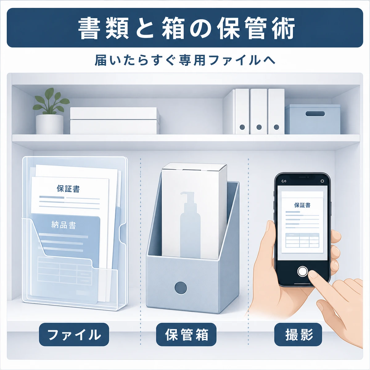 明細書や外箱を専用ファイルと箱で保管する様子を表した解説イラスト