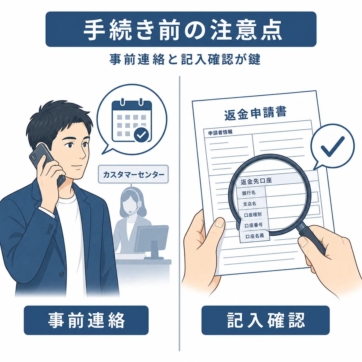 返金手続き前の事前連絡と申請書記入の注意点を表した解説イラスト