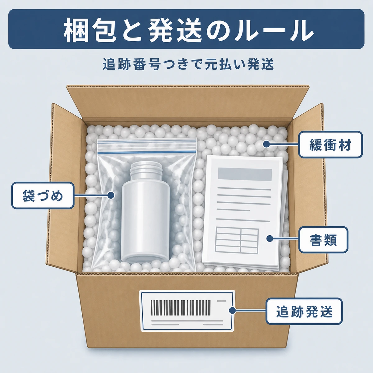 返品時の梱包と追跡発送のルールを表した解説イラスト