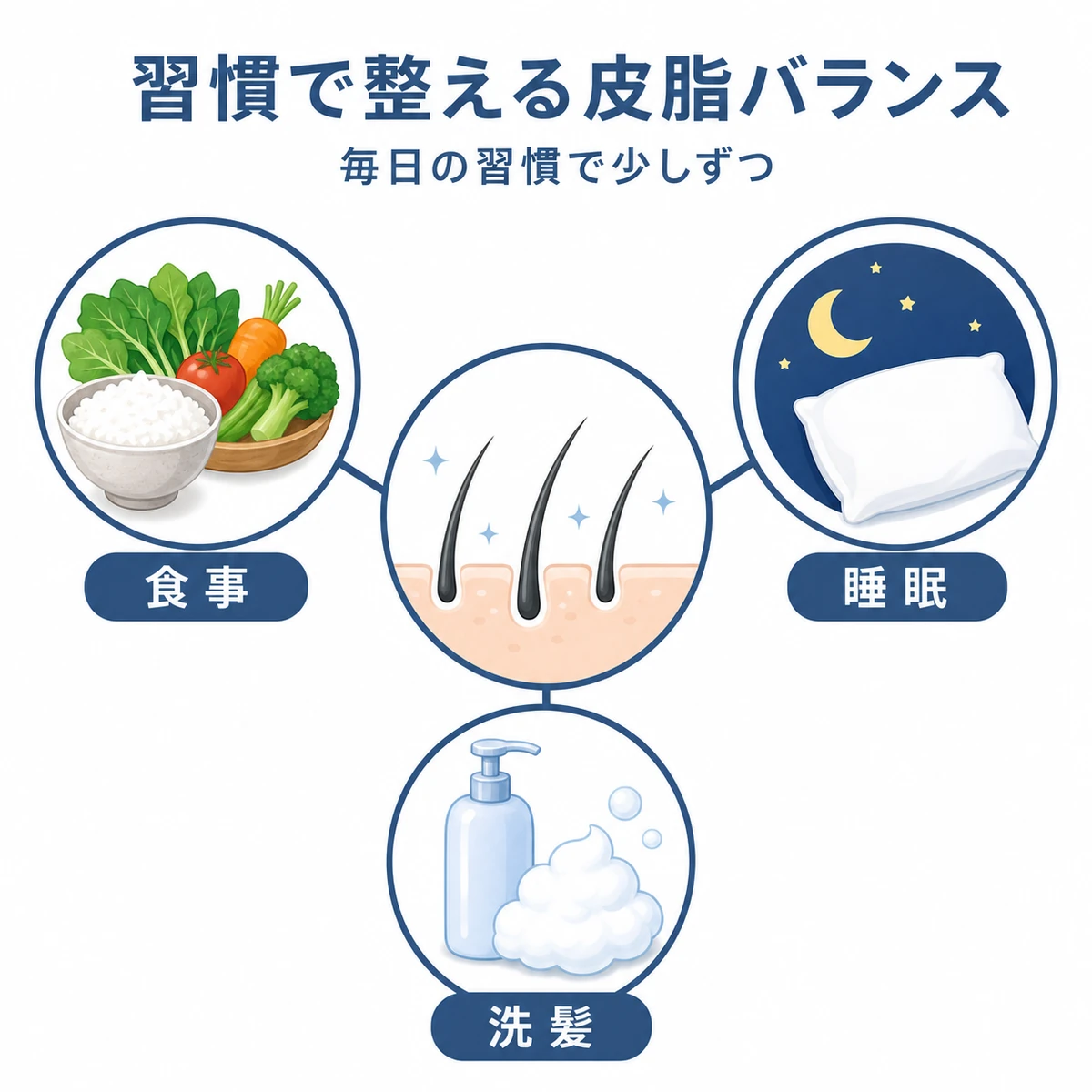 頭皮の皮脂バランスを整える食事・睡眠・洗髪の習慣を中央から結んだ医療イラスト