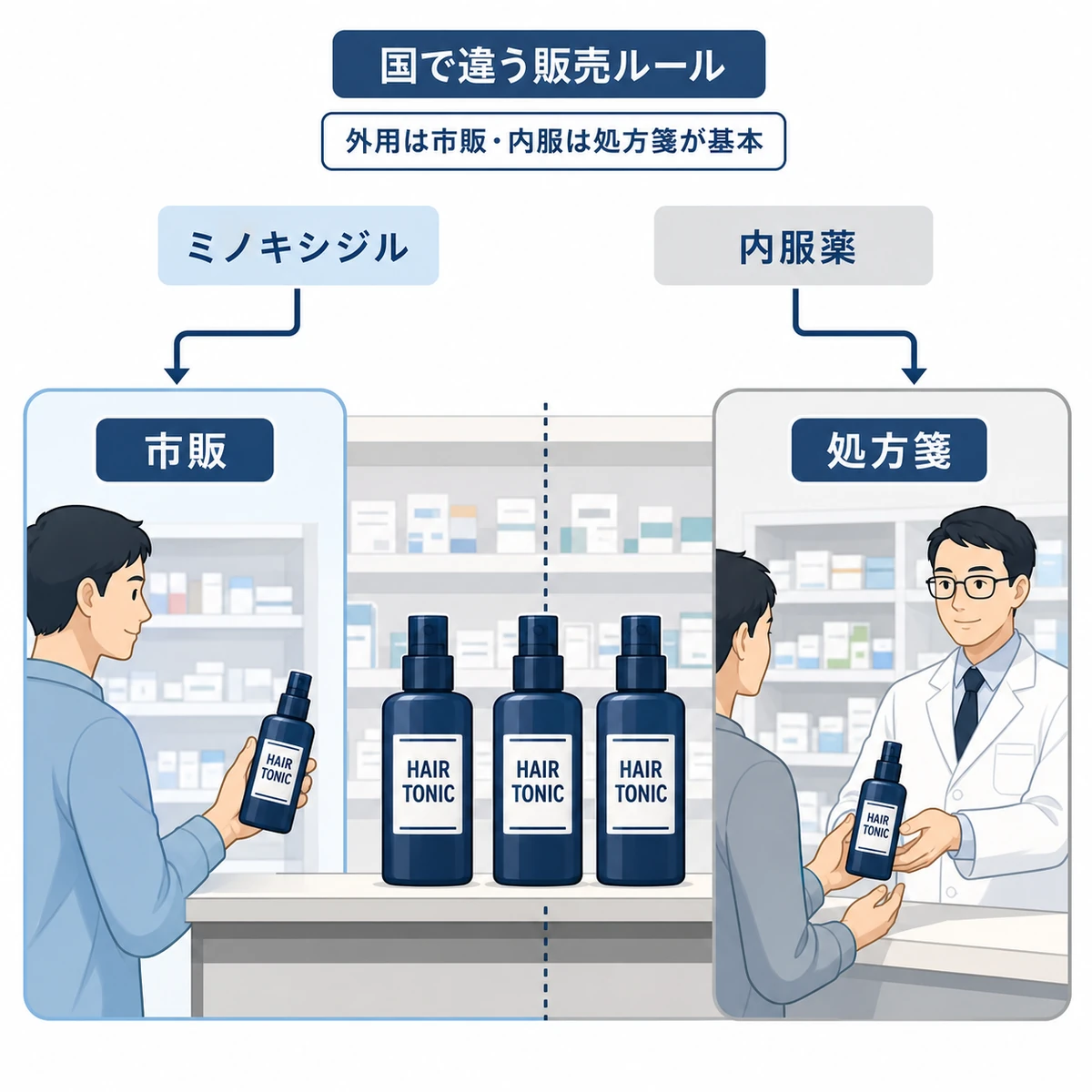 海外の薬局で育毛剤が市販か処方箋かに分かれる販売ルールを表した医療イラスト