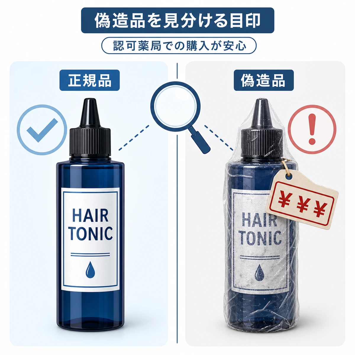 正規品と偽造品の育毛剤を見比べる際の目印を対比した医療イラスト