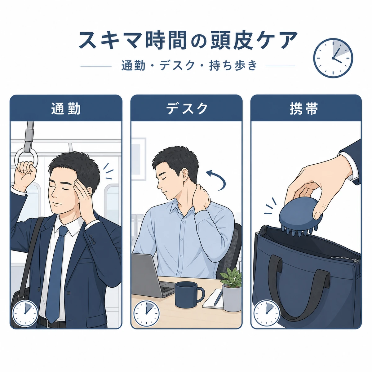 通勤やデスクなどスキマ時間にできる頭皮ケアを分類して表した医療イラスト