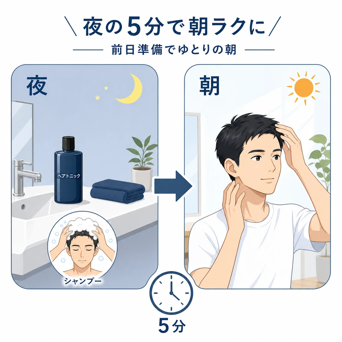 夜の5分の準備が翌朝の育毛ケアを楽にする流れを表した医療イラスト