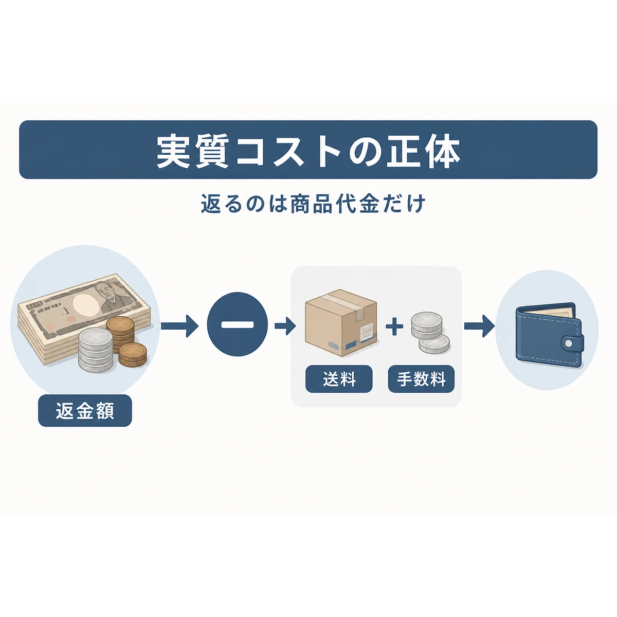全額返金額から送料と手数料が差し引かれ手元に残る金額が減る仕組みを表した図解イラスト