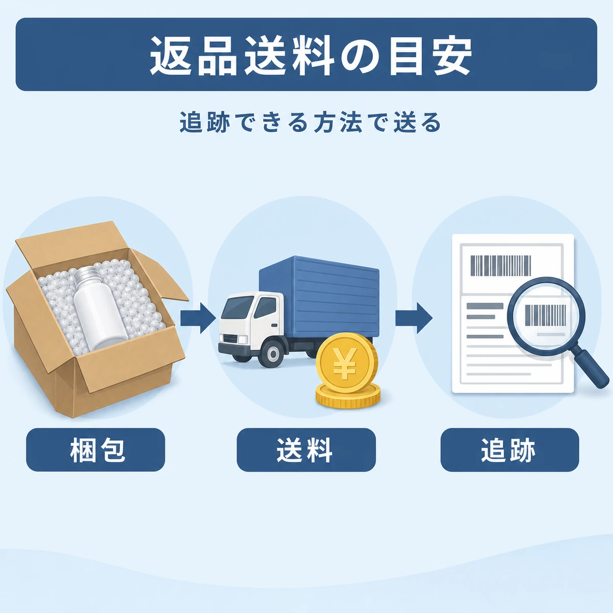 返品する荷物を梱包し追跡できる方法で発送するまでの流れを表した配送イラスト