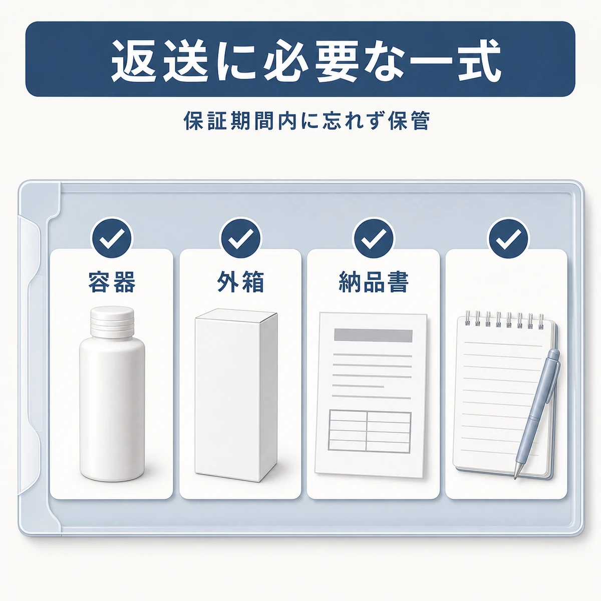 空容器と外箱と納品書など返金申請に必要なアイテム一式を並べた保管イラスト