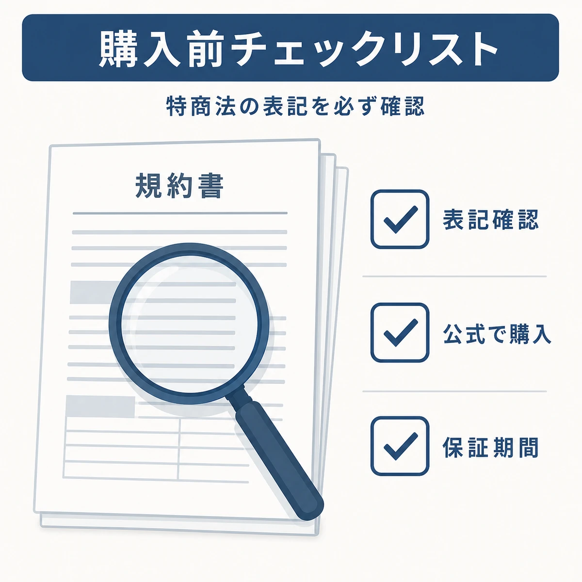特商法の表記や公式購入や保証期間を購入前に確認するチェックリストを表した図解イラスト