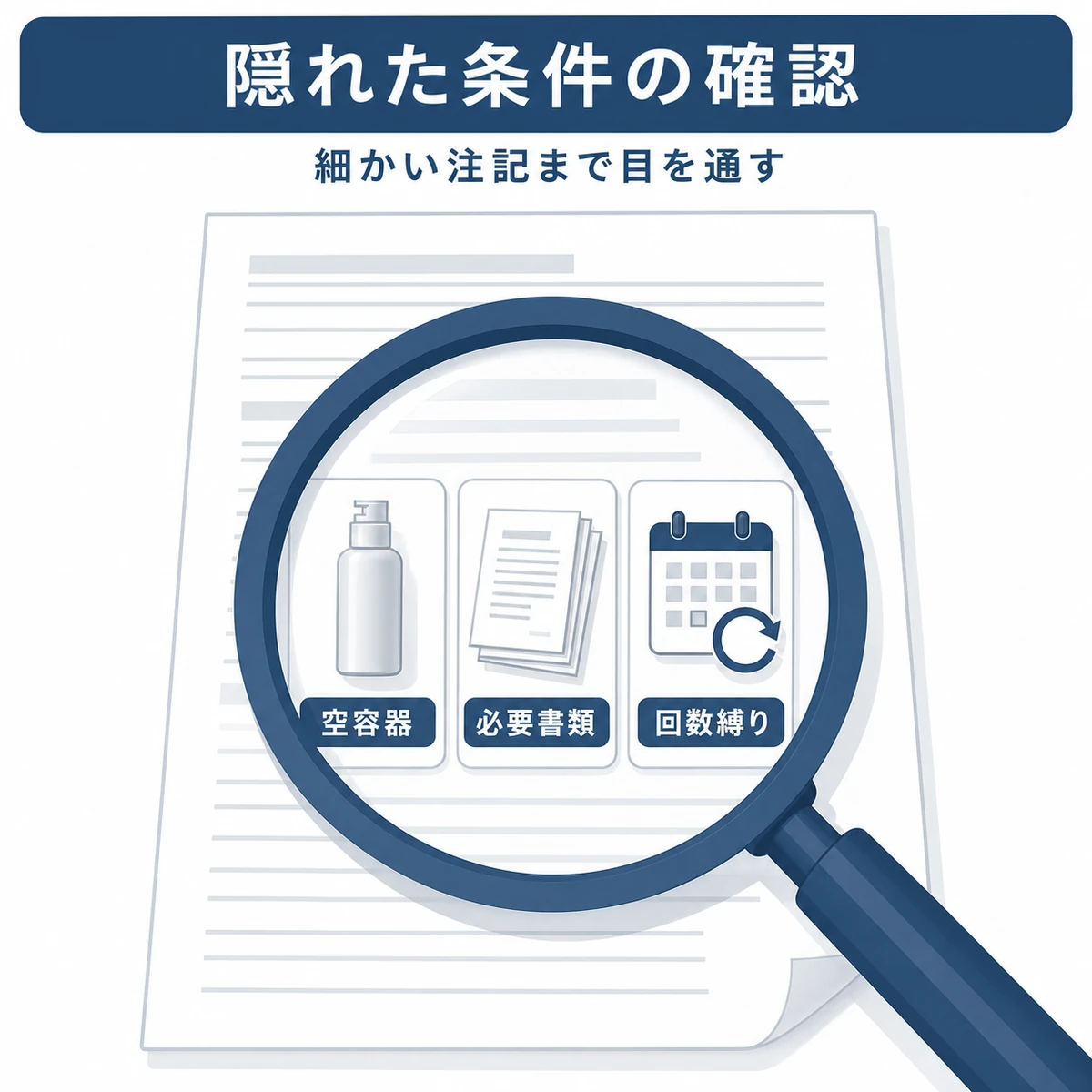 虫眼鏡で育毛剤の返金保証の隠れた条件を照らし出す様子を表した医療系イラスト
