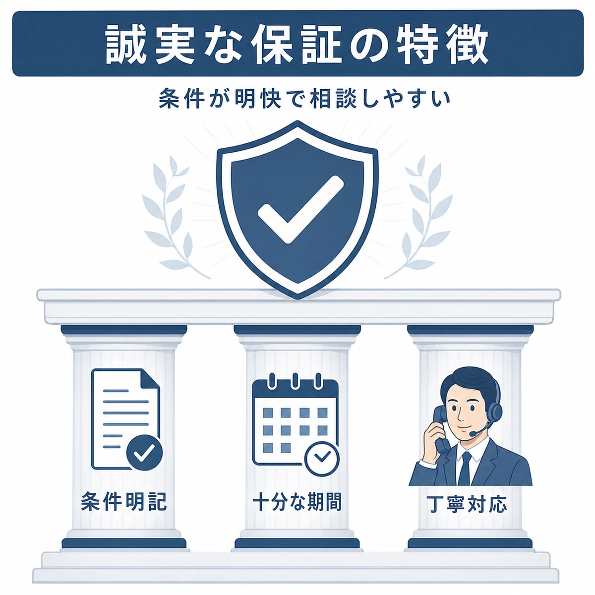 信頼できるメーカーの返金保証を3本の柱で支える様子を表した医療系イラスト