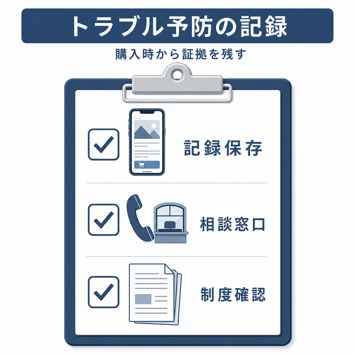消費者トラブルを防ぐための記録と相談窓口の確認項目をチェックリストで表した医療系イラスト