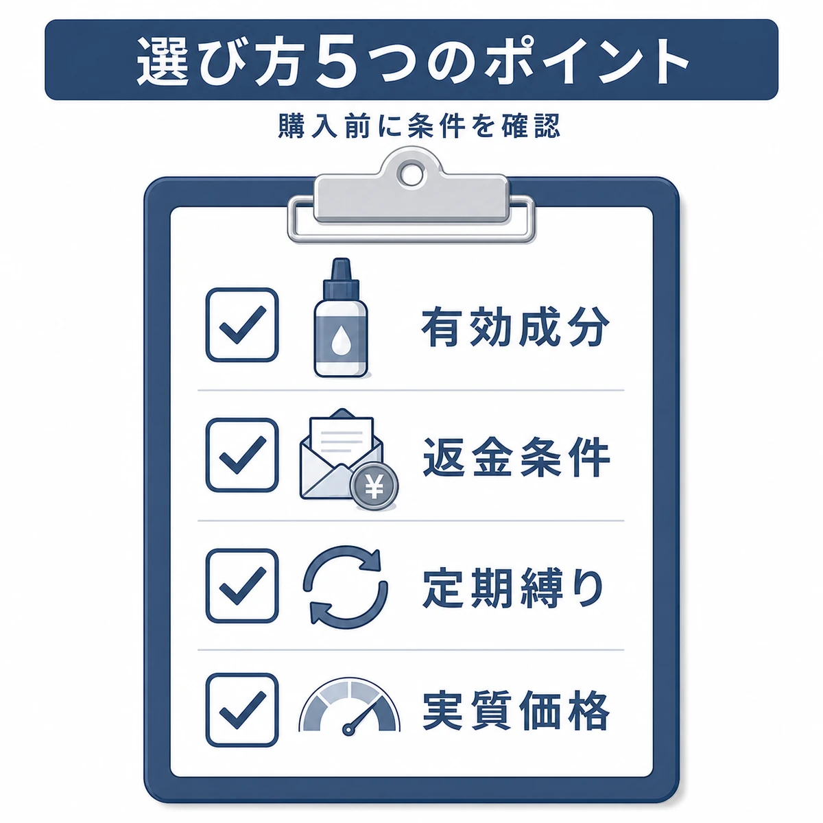 育毛剤選びで確認したいポイントをチェックリストで表した医療系イラスト