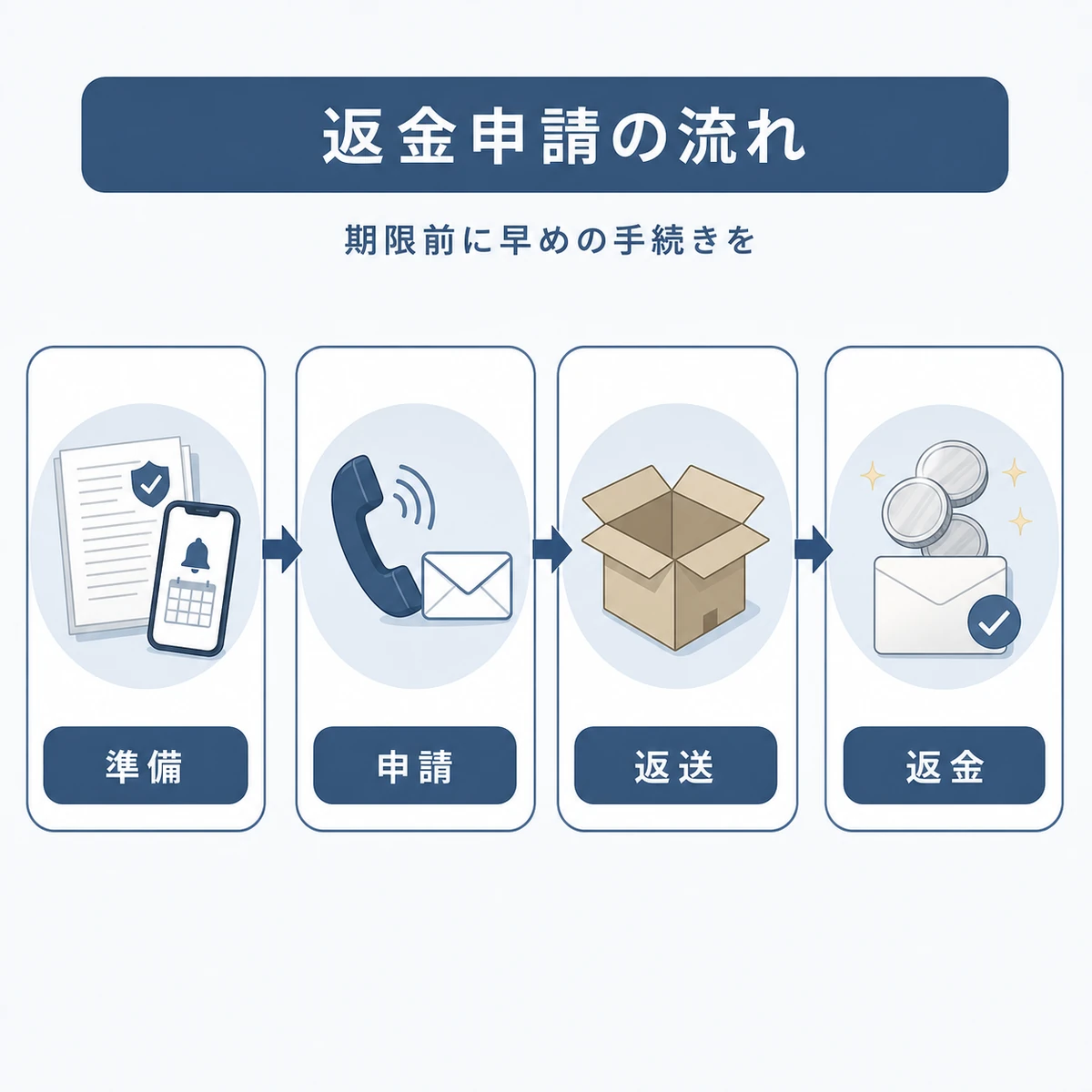 返金保証の準備から返金までの手続きの流れを段階的に表した医療イラスト