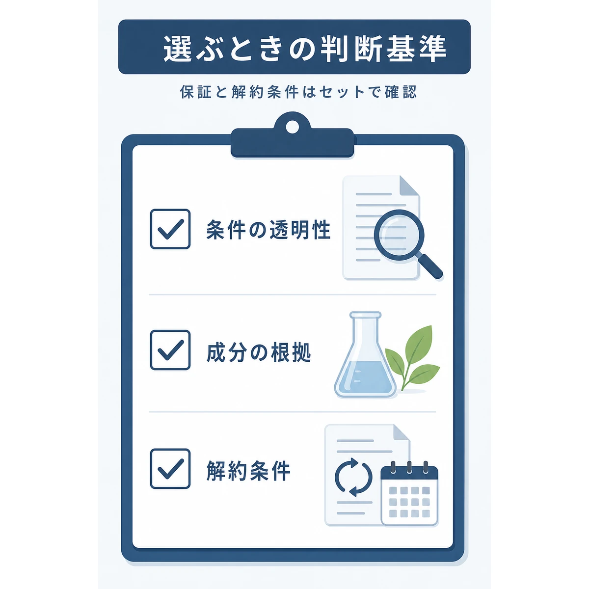 返金保証付き育毛剤を選ぶ判断基準を並べたチェックリスト風の医療イラスト