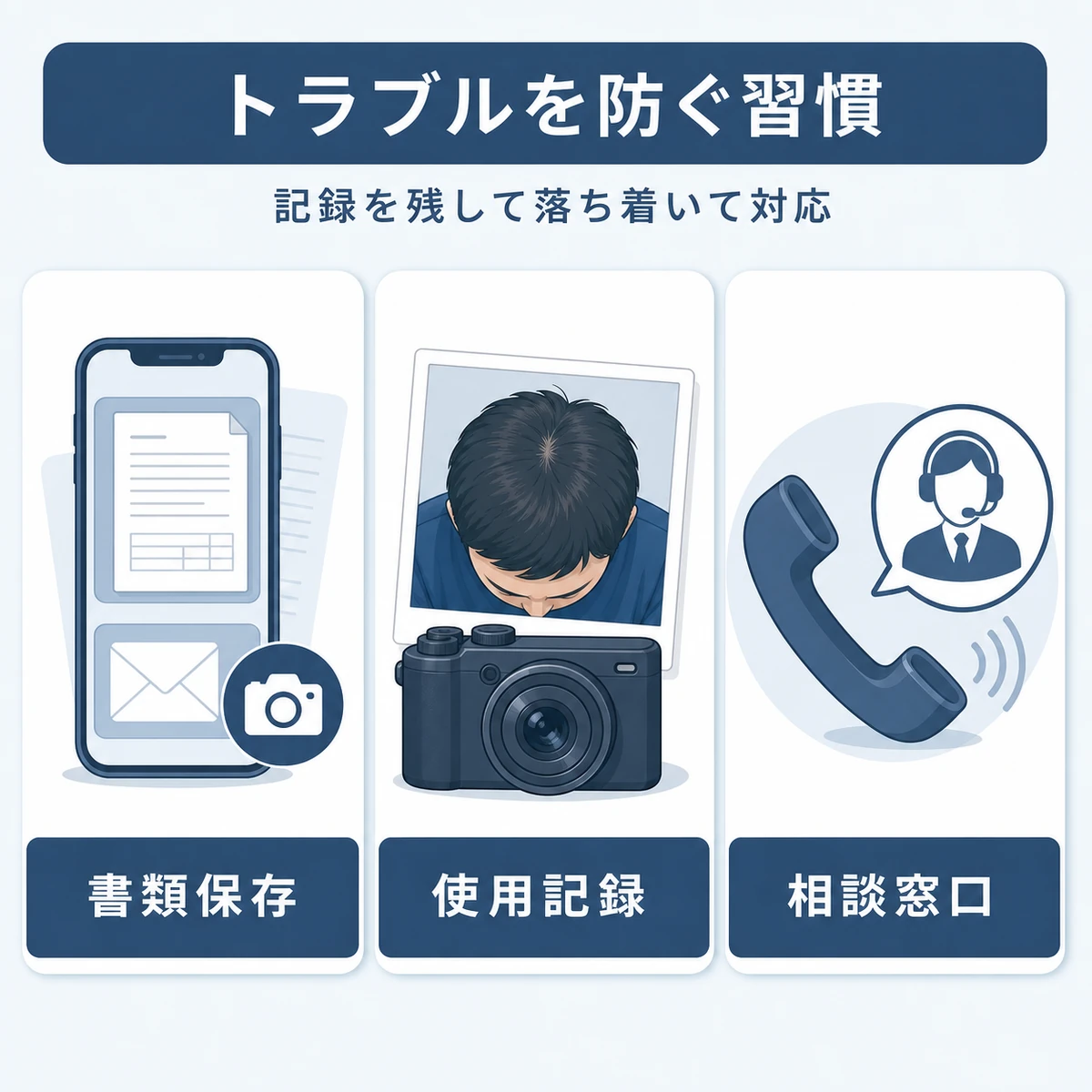 返金保証トラブルを防ぐ書類保存・使用記録・相談窓口の3つの習慣を表した医療イラスト