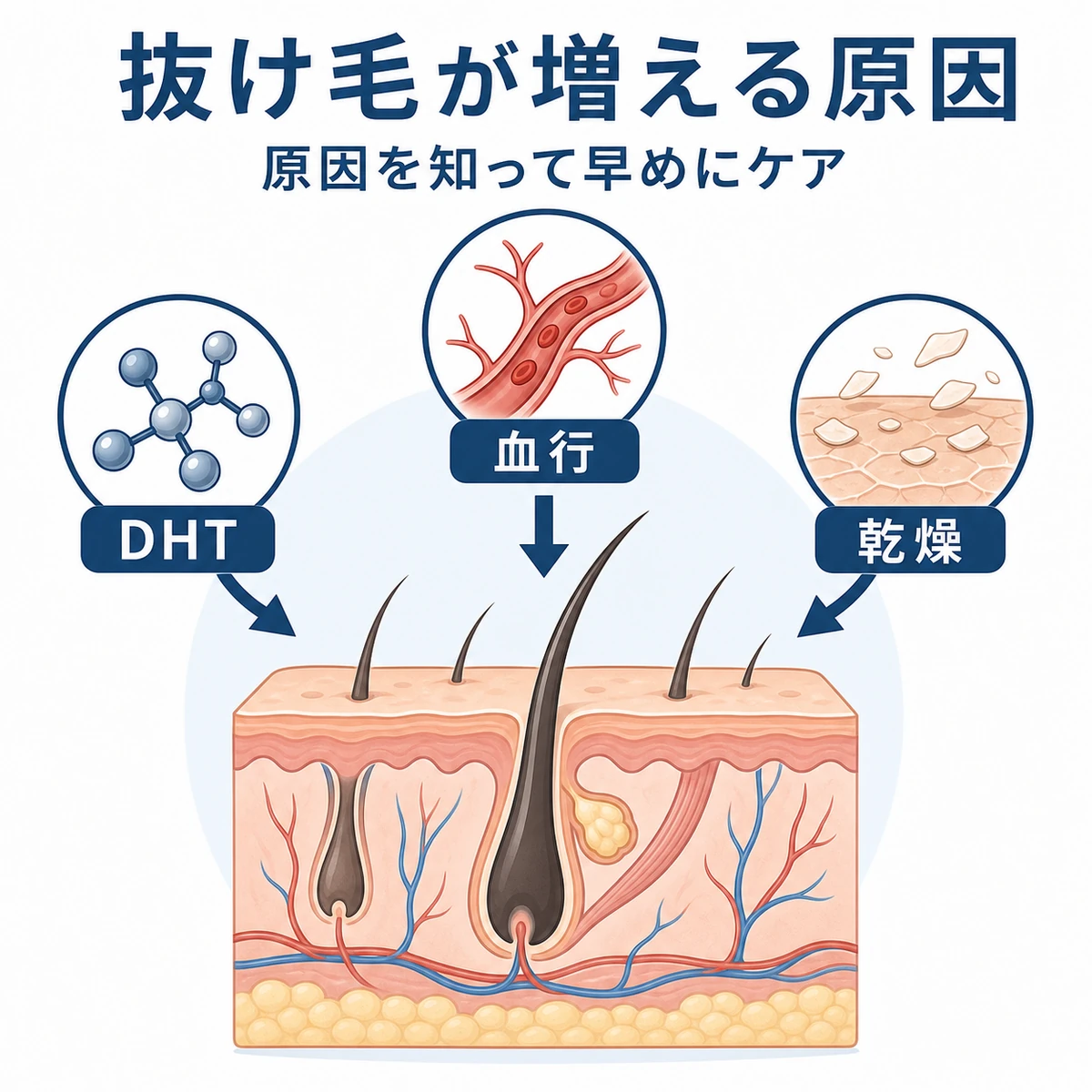 30代男性の頭皮でDHTや血行不良、乾燥が抜け毛につながる原因を表した医療イラスト