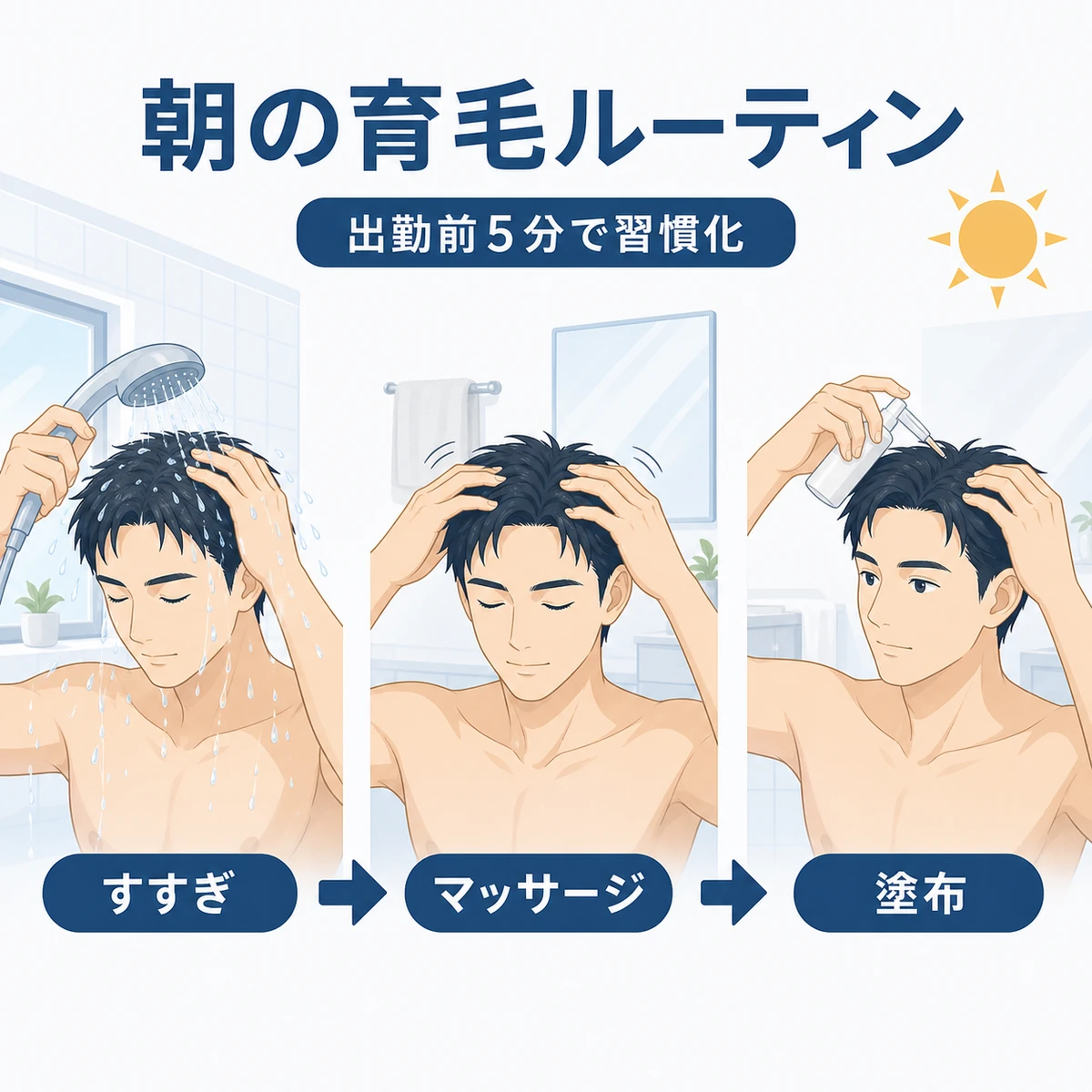成人男性が朝に行うぬるま湯すすぎ、頭皮マッサージ、育毛剤塗布の手順を表した医療イラスト