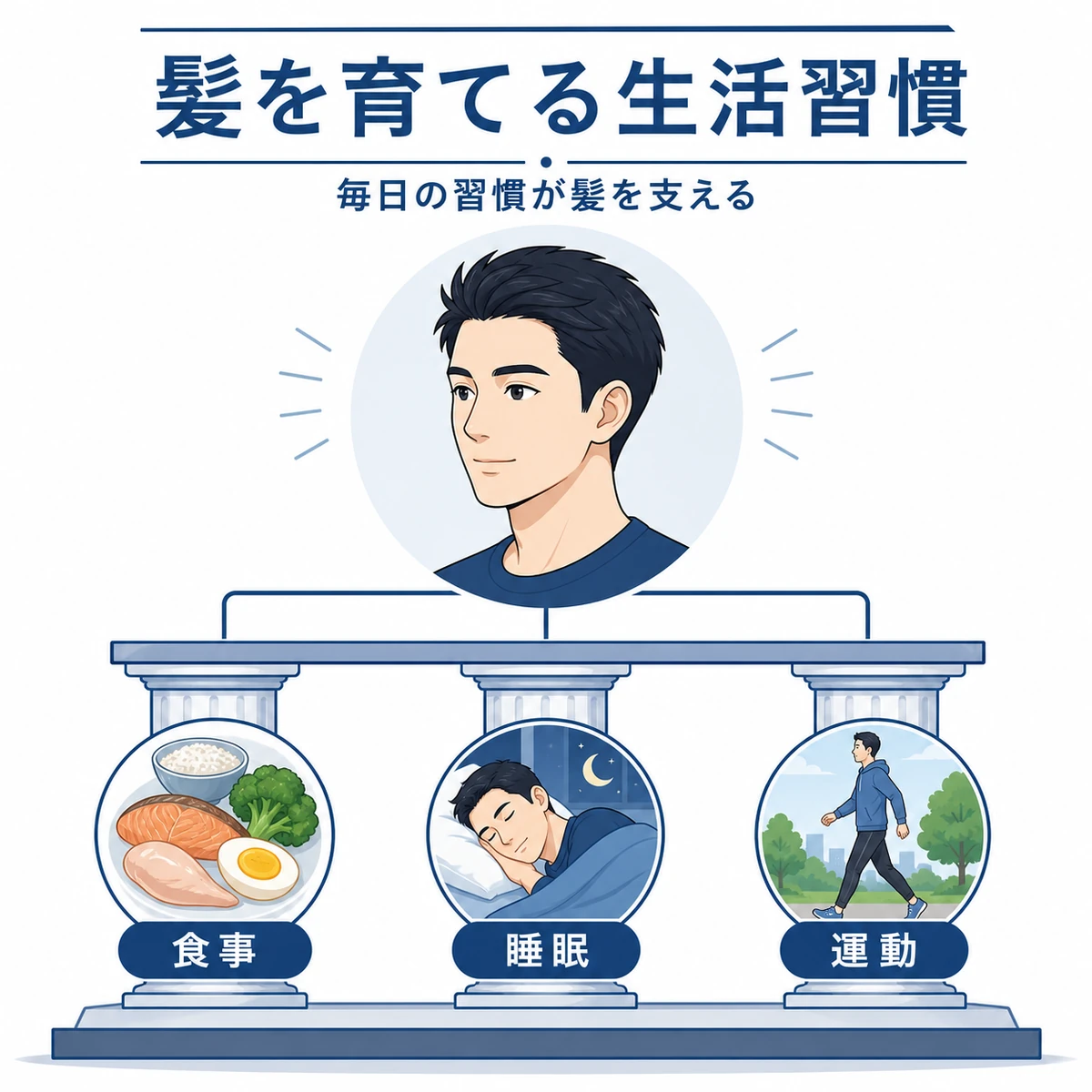 食事と睡眠と運動の生活習慣が髪の健康を内側から支える関係を表した医療イラスト