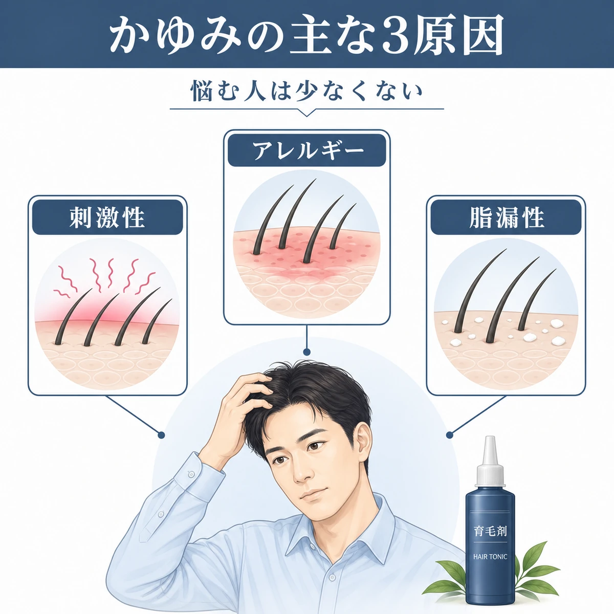 育毛剤による頭皮のかゆみの代表的な3つの原因を穏やかなアイコンで分類した医療イラスト