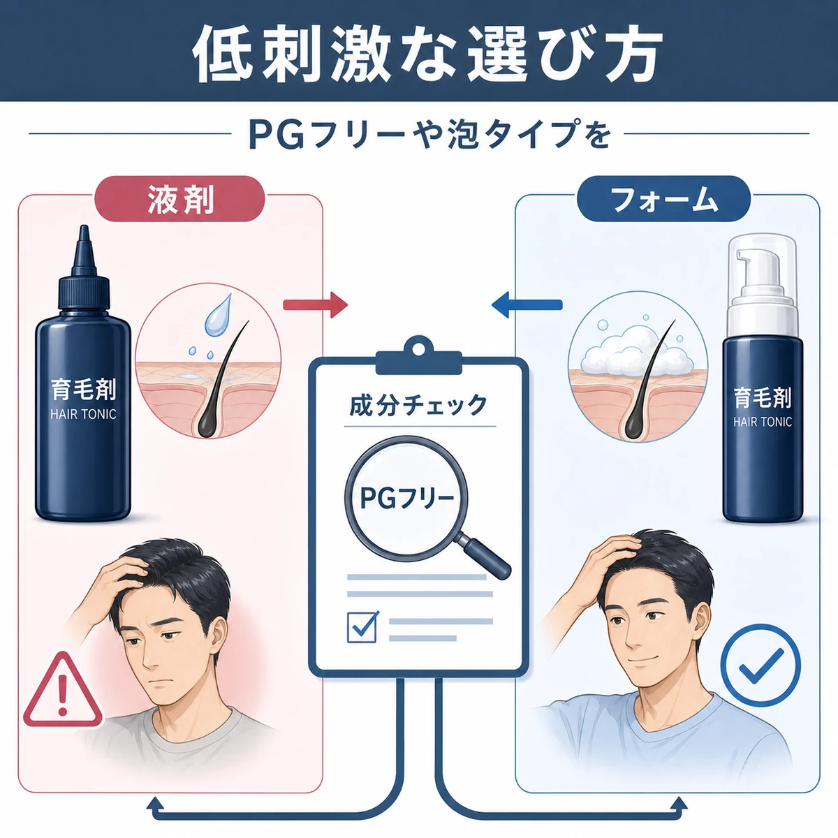液剤タイプと泡タイプの育毛剤を比べて低刺激な選び方を表した医療イラスト