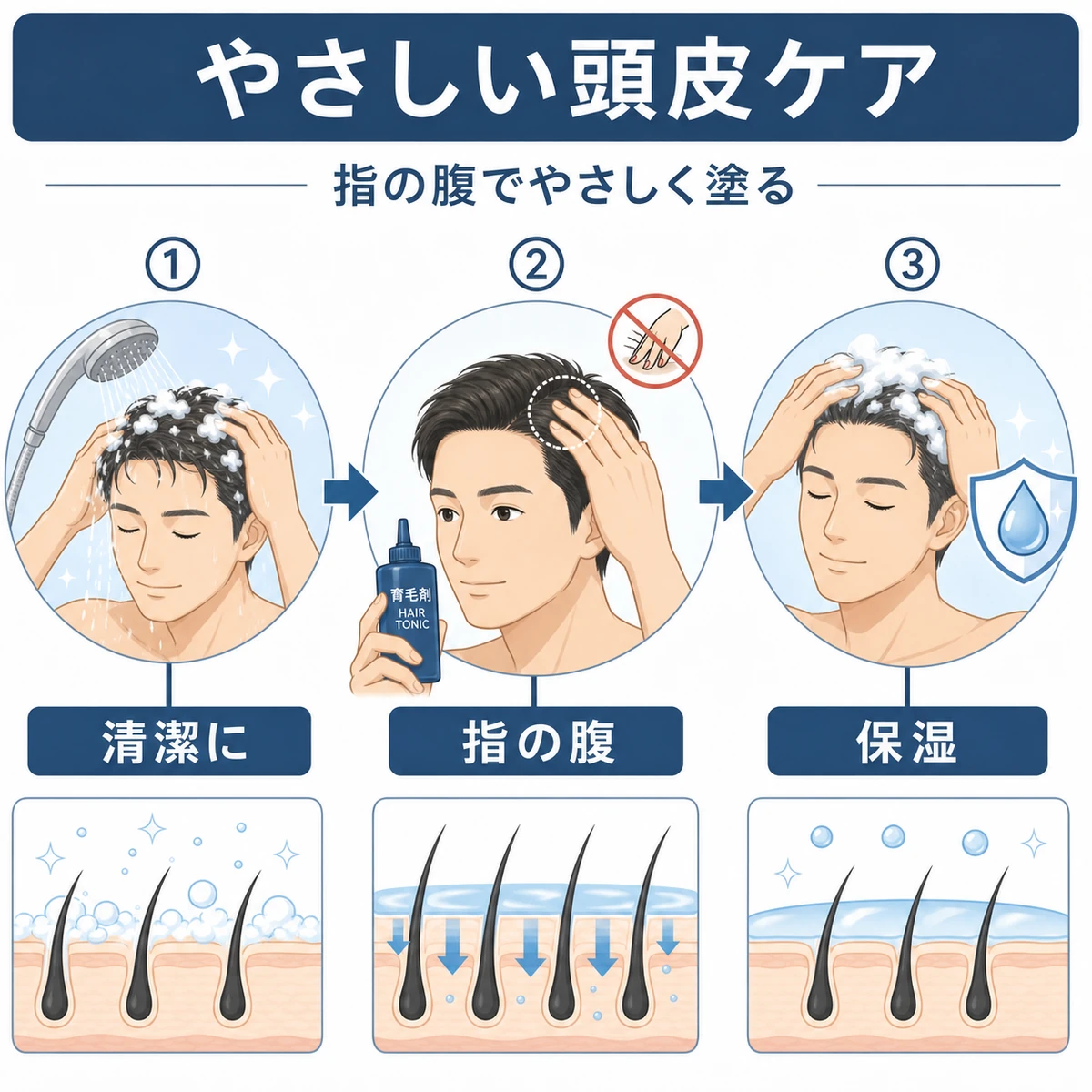 頭皮のかゆみを軽くするための正しい塗布とケアの手順を段階で表した医療イラスト