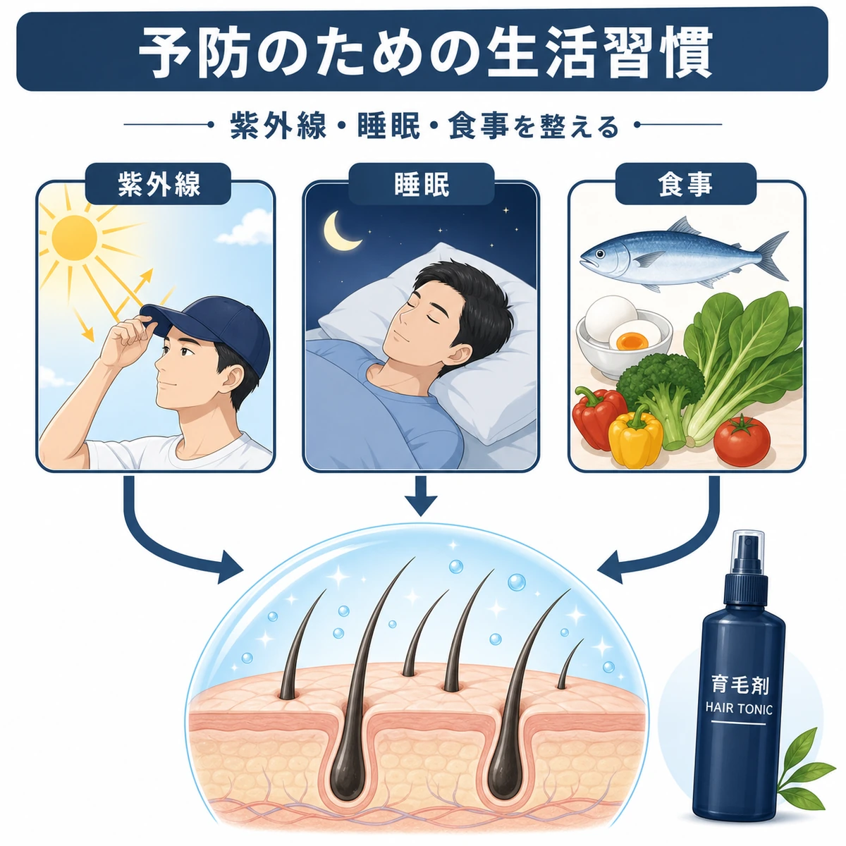 紫外線対策や睡眠や食事など頭皮トラブルを予防する生活習慣を相関図で表した医療イラスト