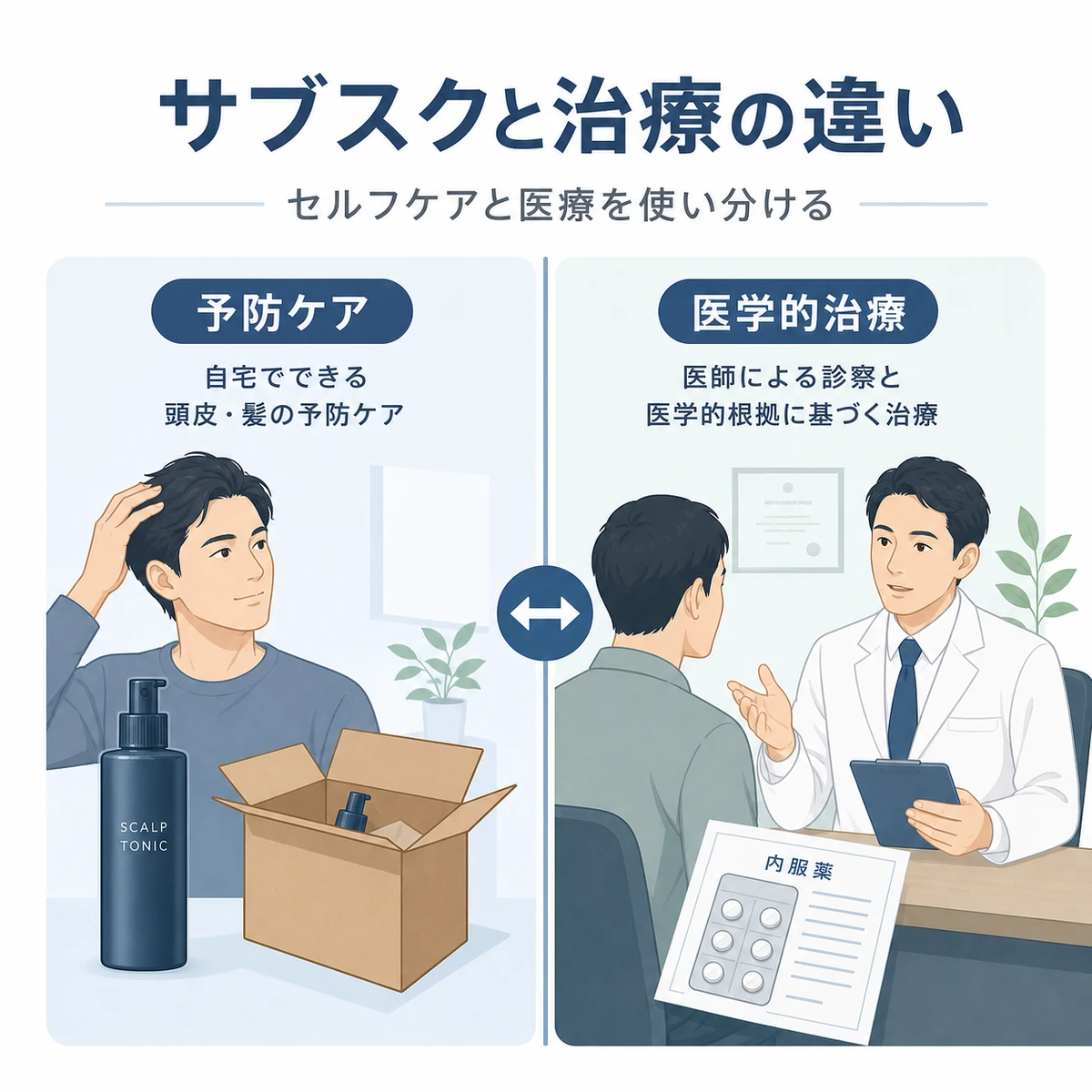 育毛剤サブスクと医療機関の薄毛治療の違いを左右で対比した医療イラスト