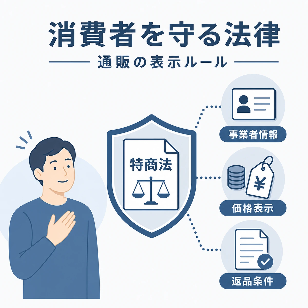 特商法が事業者情報や価格・返品条件の表示で消費者を守る仕組みを表した医療メディア向けイラスト