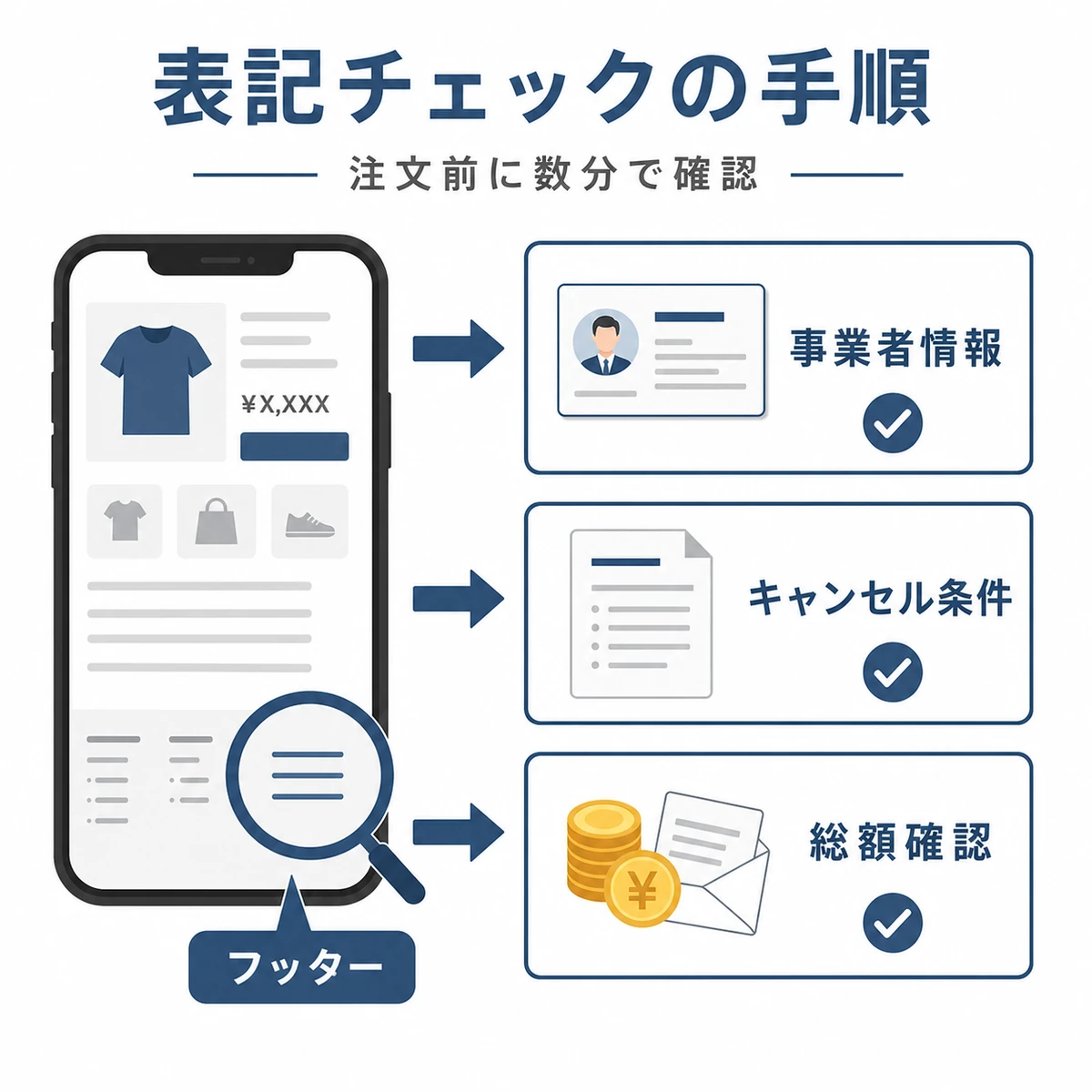 通販サイトのフッターから特商法表記を開き事業者情報や総額を順に確認する手順を表した医療メディア向けイラスト