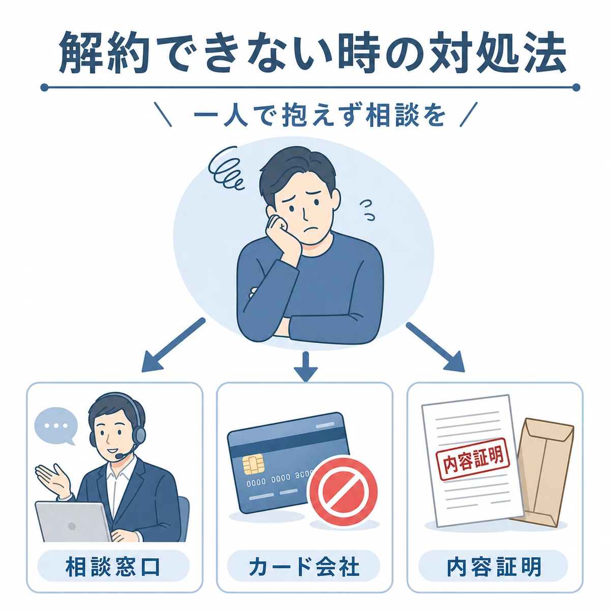 相談窓口やカード会社への申し出、内容証明など解約できない時の対処法を表した医療メディア向けイラスト