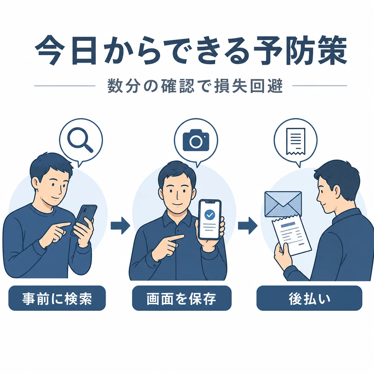 事前の検索や注文画面の保存、後払いの選択など定期購入で失敗しないための予防策を表した医療メディア向けイラスト