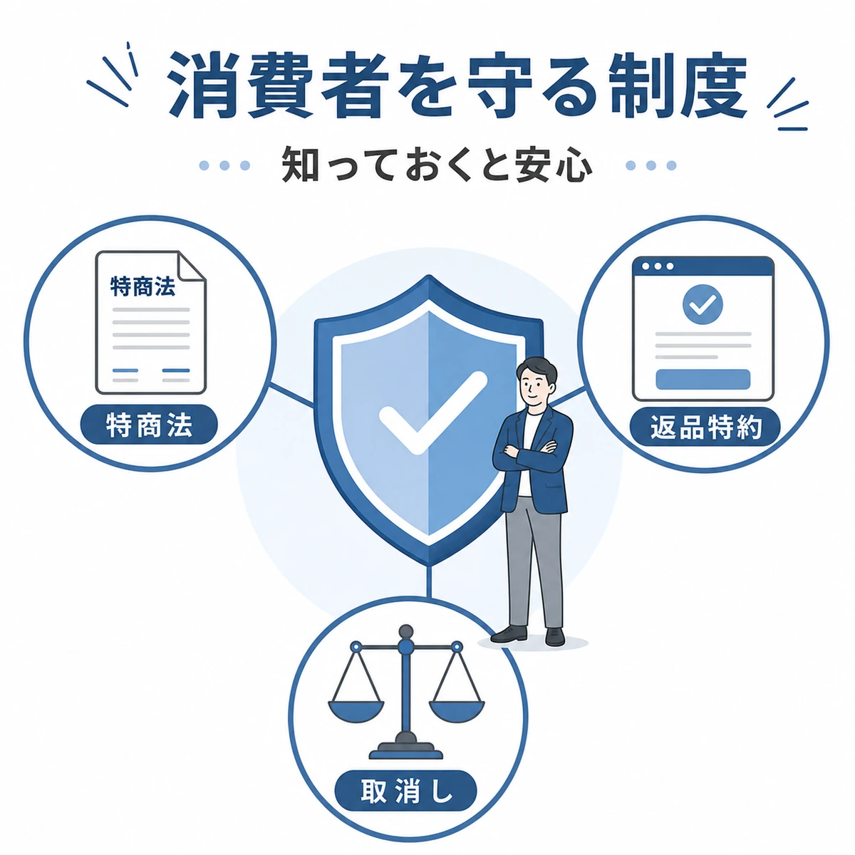 通信販売で消費者を守る特定商取引法などの制度を表したイラスト