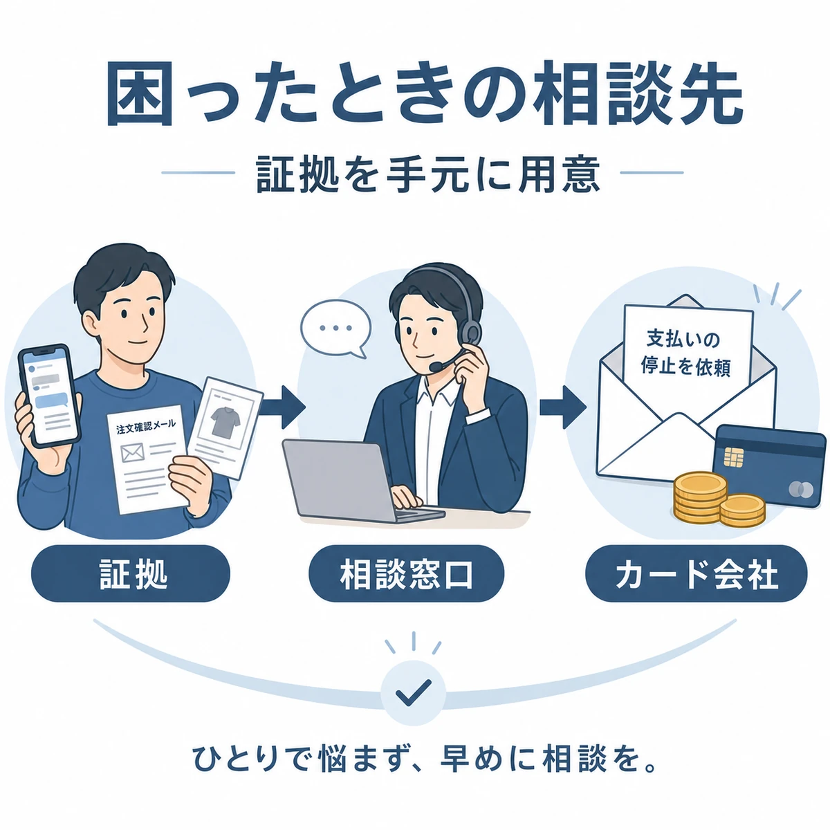 トラブル時の相談先と対処の流れを表した医療メディア向けイラスト