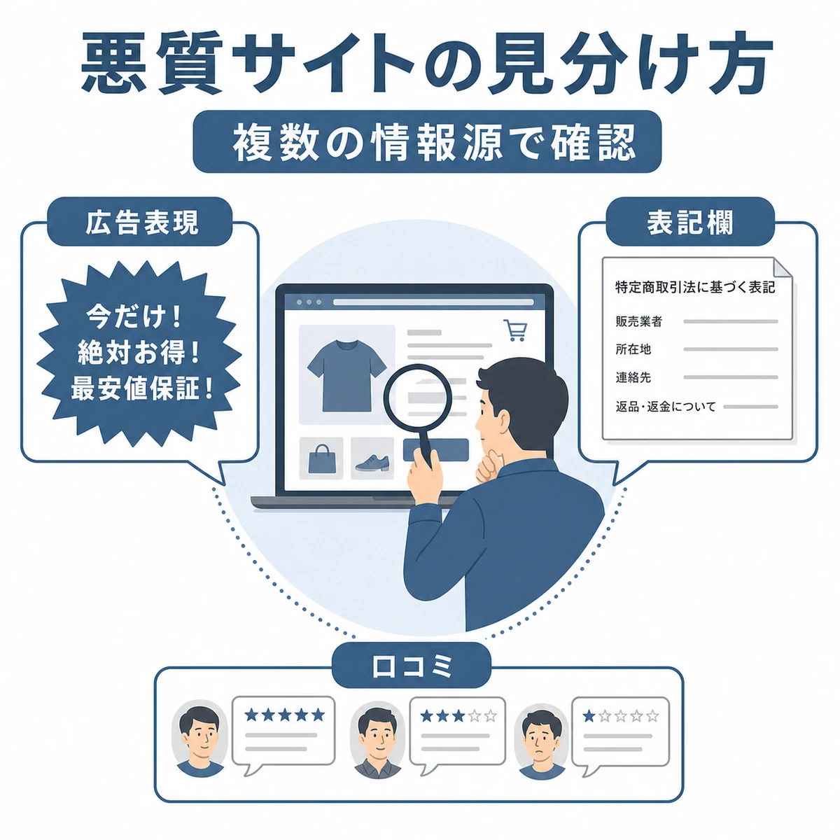 悪質な定期購入サイトを見分けるチェックポイントを表したイラスト