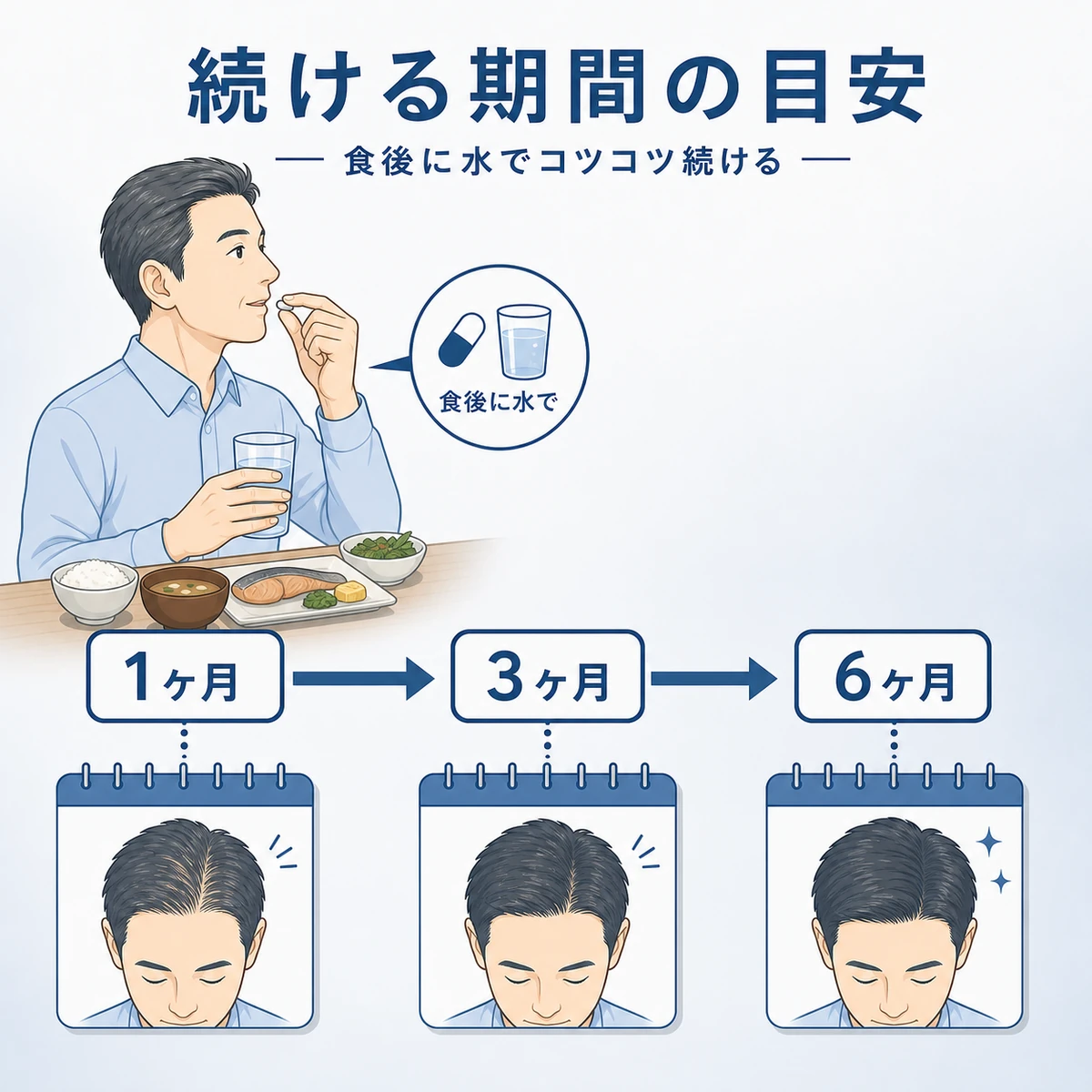 育毛サプリを3〜6か月続ける期間の目安と飲み方を時間軸で表した医療イラスト
